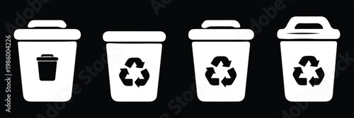 trash can and recycling bin icon set for waste management and environmental design elements. bin icon set with trash garbage waste disposal and recycle container symbols collection. Dustbin, bucket. 