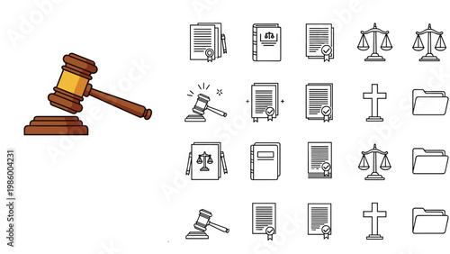 Comprehensive set of legal system icons, including a gavel, documents, scales of justice, and a cross.