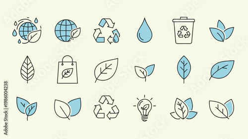 Assortment of environmental conservation and recycling icons, including earth, water, leaves, and renewable energy symbols.