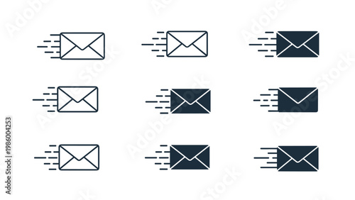 Nine variations of email envelope icons with dynamic motion lines, illustrating fast message delivery and communication.