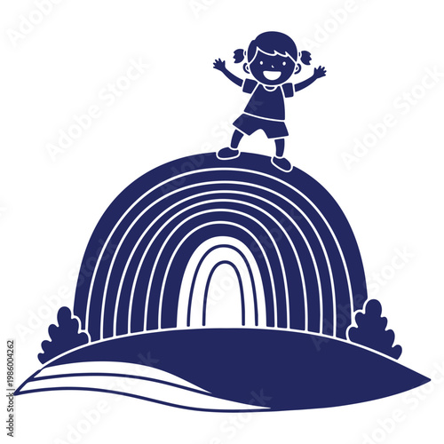 Happy Child Standing on a Rainbow Illustration for Optimism and Success Depicting Joy and Achievement