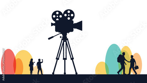 Silhouette of a vintage film camera on a tripod, with tiny people and abstract colorful shapes, depicting filmmaking and creativity.