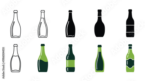 Collection of ten bottle icons in outline, filled black, and green variations with labels, ideal for wine or spirits branding.