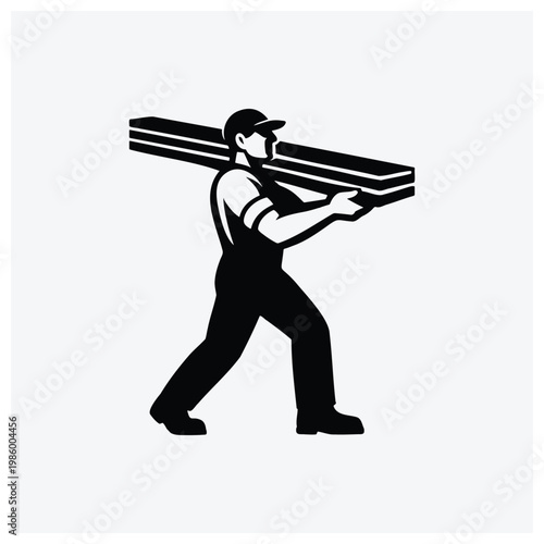 Silhouette of a lumberjack carrying a stack of wood.