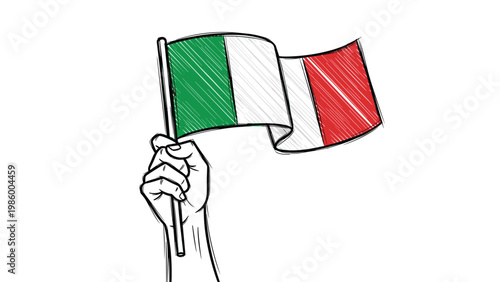 Hand holding an Italian flag aloft, depicted with a textured, scribbled style, symbolizing national pride and patriotism.