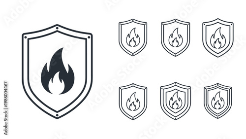 Large icon of a shield with a flame, accompanied by variations in different line styles, symbolizing fire protection and safety.