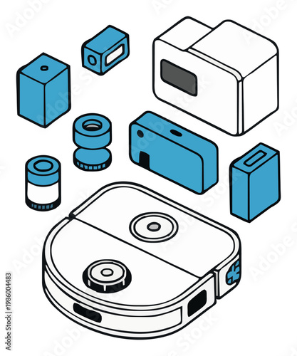 Line art robot vacuum cleaner exploded view icon.. Generative AI