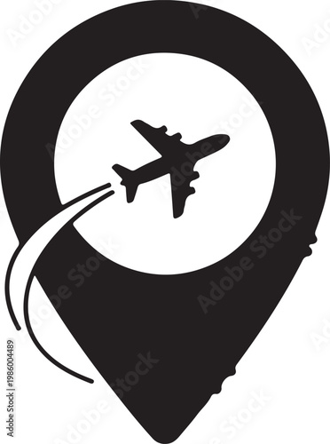 A stylized pictogram featuring a location pin with an airplane flying through it, symbolizing travel, destinations, and flight routes.