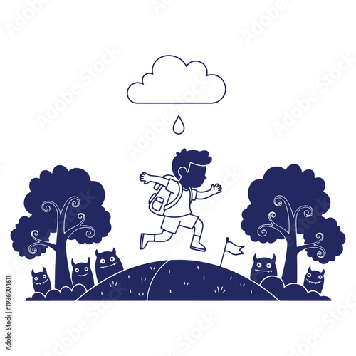 Schoolboy running through playful forest illustration with monsters and a looming rain cloud creating a fun atmosphere