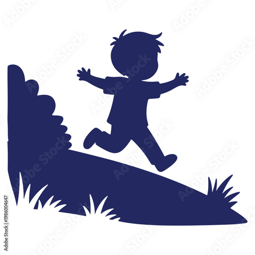 Silhouette of a joyous child running downhill with arms outstretched embracing freedom and nature