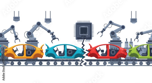 Automated car production line interrupted by semiconductor chip shortage vector illustration