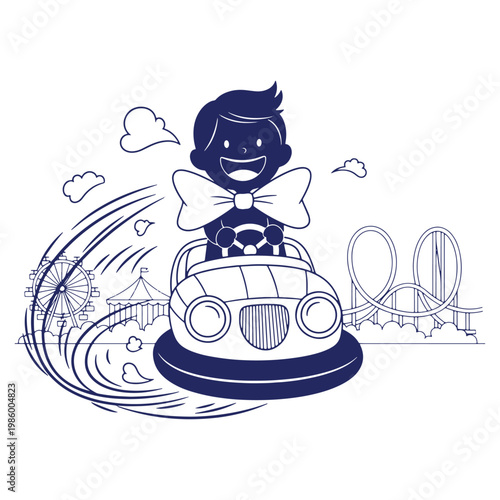 Smiling Boy Driving a Bumper Car in a Fun Filled Amusement Park Illustration