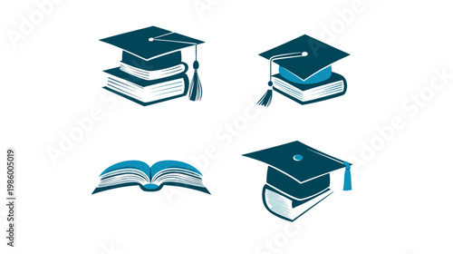 Various illustrations of graduation caps on books and an open book. All in a teal/blue color