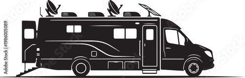 Motorhome, RV, camper van, recreational vehicle, travel trailer, black, vector illustration