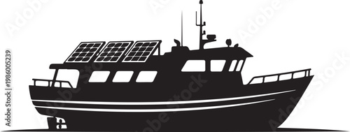 Solar powered boat, eco friendly vessel, black silhouette, vector illustration, renewable energy