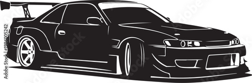 Black sports car, vector illustration, racing car, side view, monochrome design