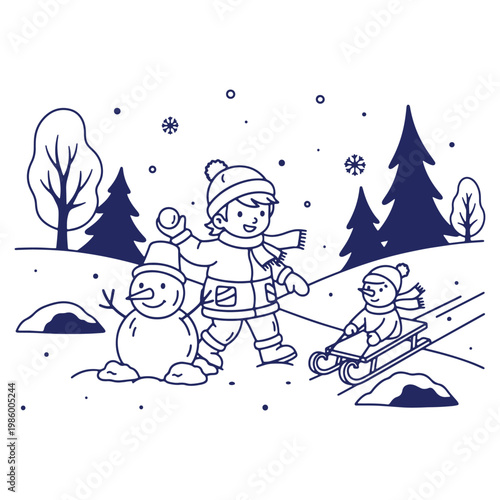 Winter Fun with Snowballs and Snowmen A Joyful Outing in a Snowy Landscape Illustration