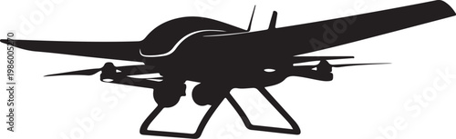 Drone, black silhouette, aerial vehicle, quadcopter icon, vector graphic
