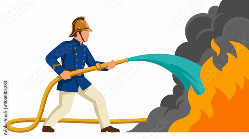 Firefighter in uniform battling a blaze with a water hose, flat illustration