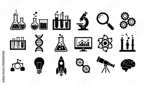 Bold scientific silhouettes square composition vector set with analytical research icons
