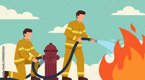 Firefighters extinguishing a large fire with water from a fire hydrant