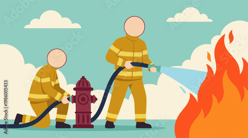 Firefighters battling a large blaze with hose and hydrant