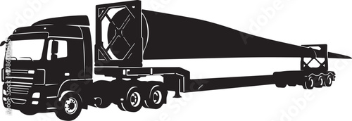 Black truck, trailer, wind turbine blade, transportation, logistics, vector illustration