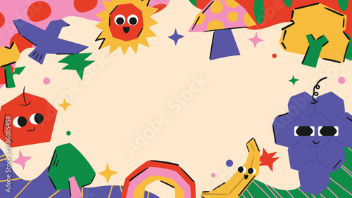 Cute colorful kids hand drawn doodle geometric background frame design vector with smiling shapes, bird, banana, trees and stars. Design for 4K video template, banner, nursery decor and kids education