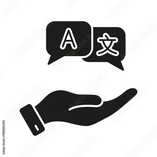 Hand Offering Language Translation Solid Icon. Multilingual Communication And Language Support Silhouette Symbol. Global Interaction And Translation Services. Isolated Vector Illustration