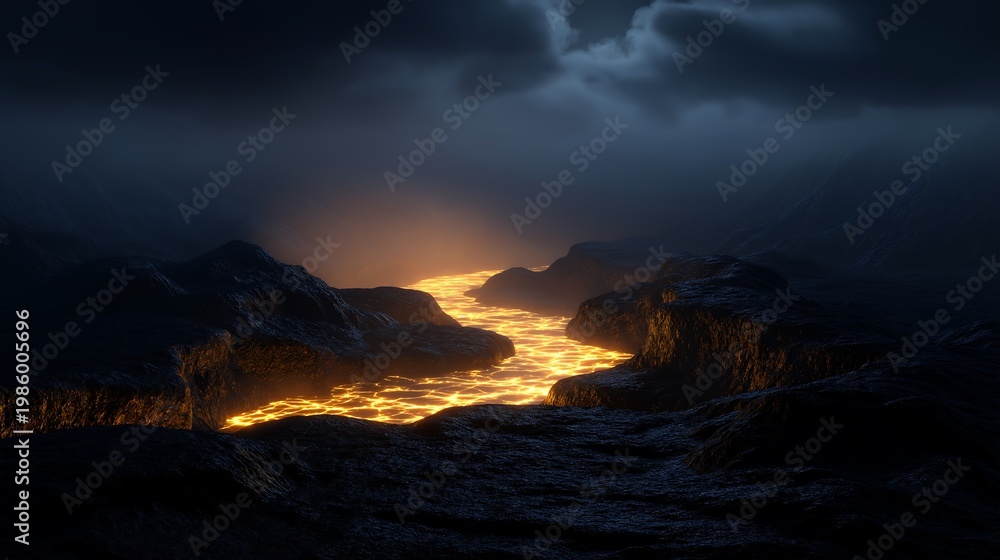 Fototapeta premium Winding river of viscous molten gold flowing through dark landscape