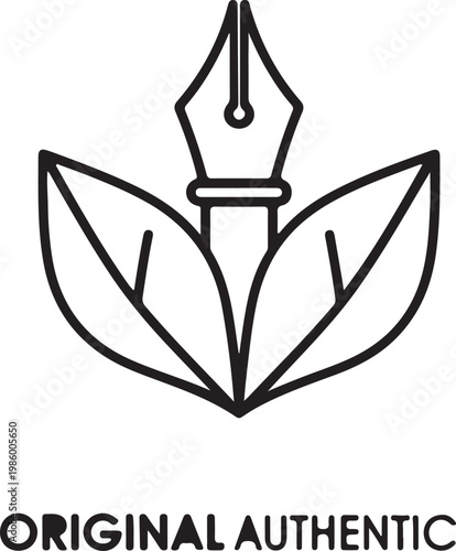 A minimalist black line art icon featuring a fountain pen nib surrounded by three leaves, with the words 'ORIGINAL AUTHENTIC' below it, signifying creativity and genuine quality.