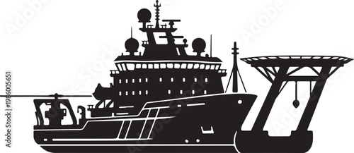 Fishing trawler boat, industrial vessel, black silhouette, nautical icon, vector graphic