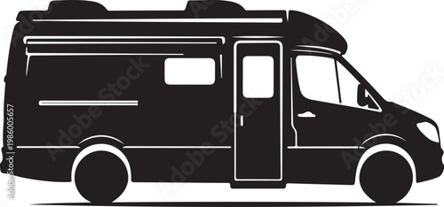 Black camper van, motorhome silhouette, RV icon, vehicle illustration