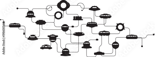 Industrial pipeline, mechanical process flowchart, black and white diagram, industrial engineering vector