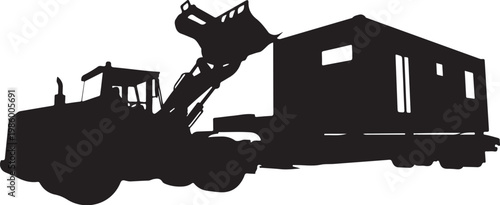 Industrial silhouette, heavy machinery, excavator, house moving, construction equipment