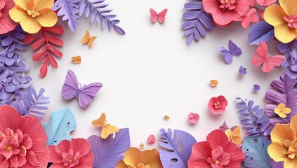 Colorful paper cut flowers and butterflies create a vibrant, layered border