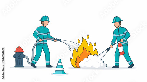 Firefighters extinguishing a fire with hose from hydrant and extinguisher