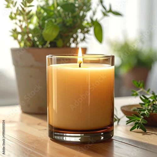 A serene lit candle on a wooden table surrounded by greenery