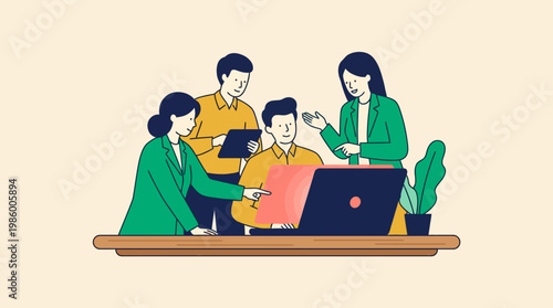 Illustration of a diverse team collaborating around a laptop at a wooden desk with a plant, in a simple, modern flat style with a professional and productive mood.