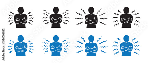 Frustrated Person Icon Set. Black and Blue Silhouettes Showing Anger or Discomfort.