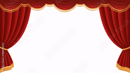 A pair of elegant red curtains with gold trim on a white background