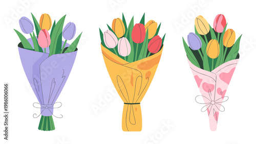Colorful Flower Bouquets Vector Set Tulips and Mixed Blossoms Wrapped in Paper