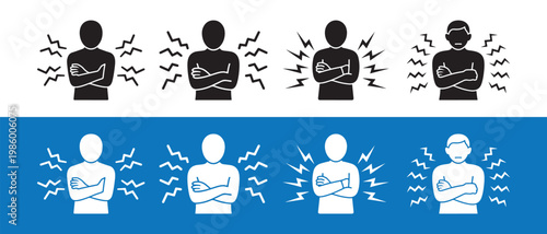 Set of human icons with crossed arms, depicting body pain, discomfort, and illness symptoms. Flat vector.