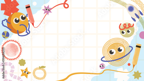 Cute colorful kids hand drawn doodle space background frame design vector with smiling planets, rocket, stars, pencil and orbit lines. Design for 4K video template, banner, nursery decor and kids.