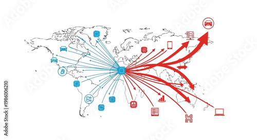 Global microchip supply chain and semiconductor distribution network on world map