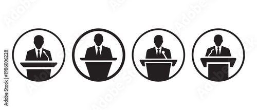 Public Speaker Icons Set. Stylized Silhouettes of Presenters at Podiums for Communication and Leadership.