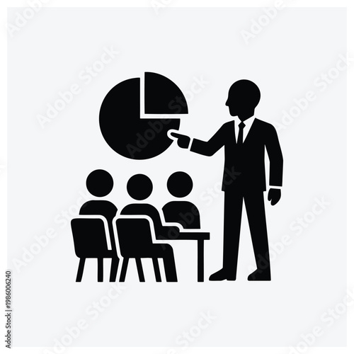 Business presentation or lecture showing a speaker presenting data (pie chart) to an audience