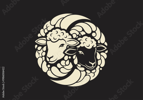 Yin Yang Sheep Logo Symbol - Stylized Black and White Lamb Heads in Circular Harmony Icon