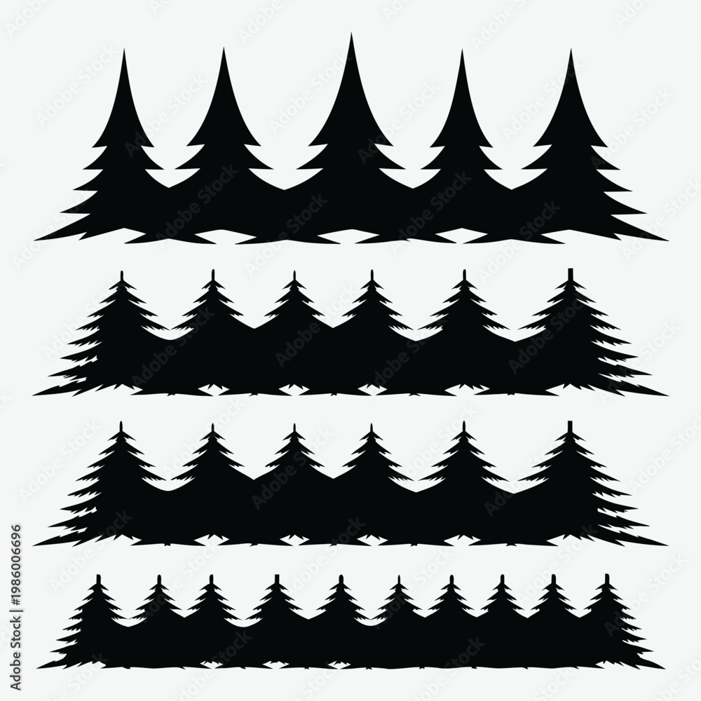 Obraz premium A collection of various pine tree silhouettes arranged in rows on a plain background