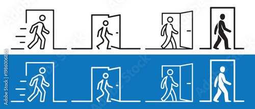 Exit Icon Set. Sequence with Person Walking Through Doorway, Line Art Pictogram on White and Blue Backgrounds Showing Motion.